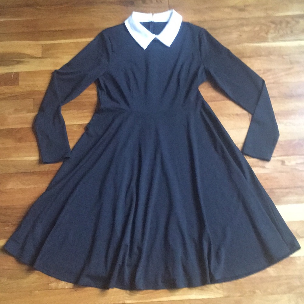 Black Knit Skater Dress with White Collar